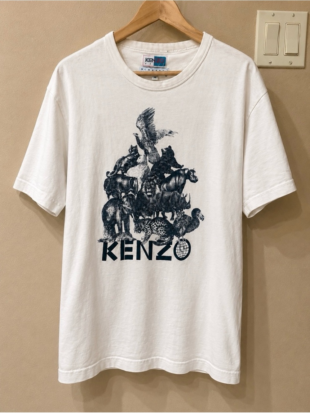 KENZO White Short Sleeve Tee with Navy Animal Stack Graphic